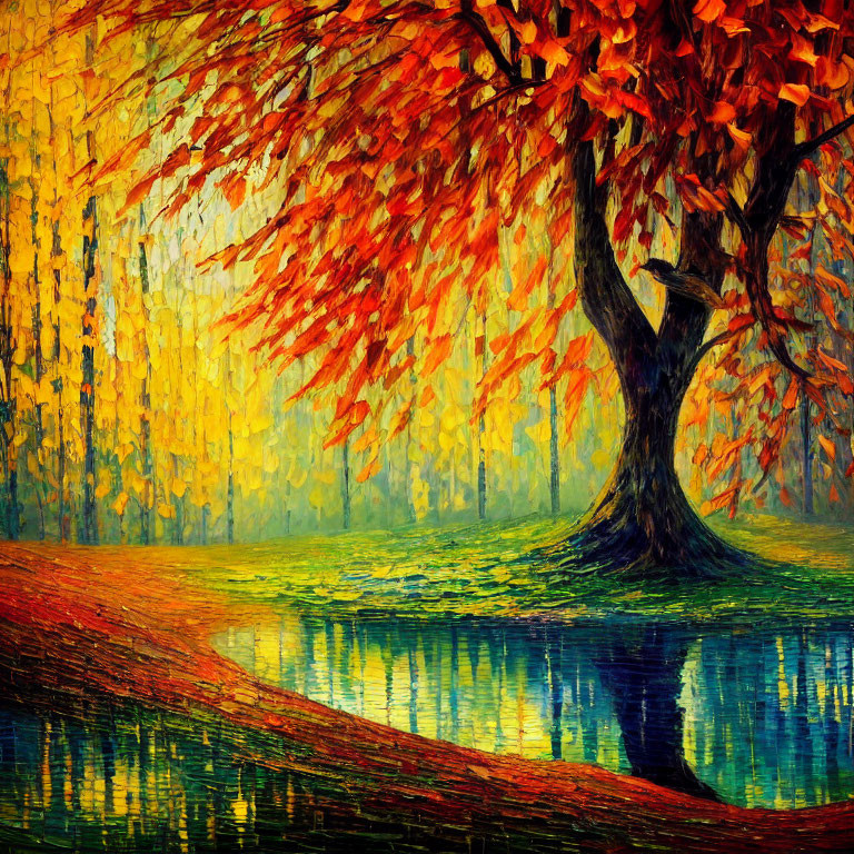 Colorful autumn tree painting by a reflective lake
