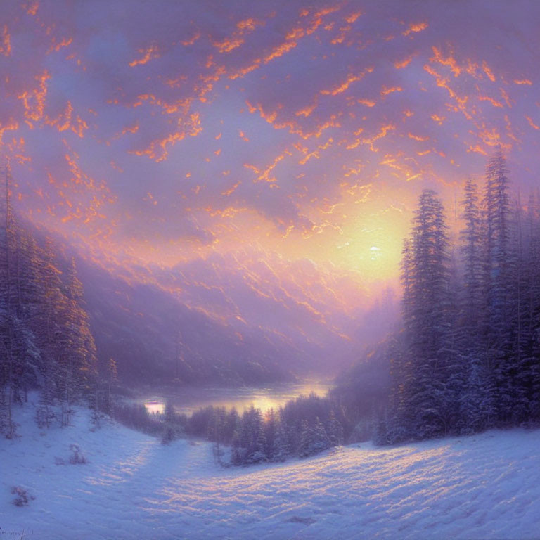 Snowy Winter Dusk: Tranquil Landscape with River and Evergreen Forests