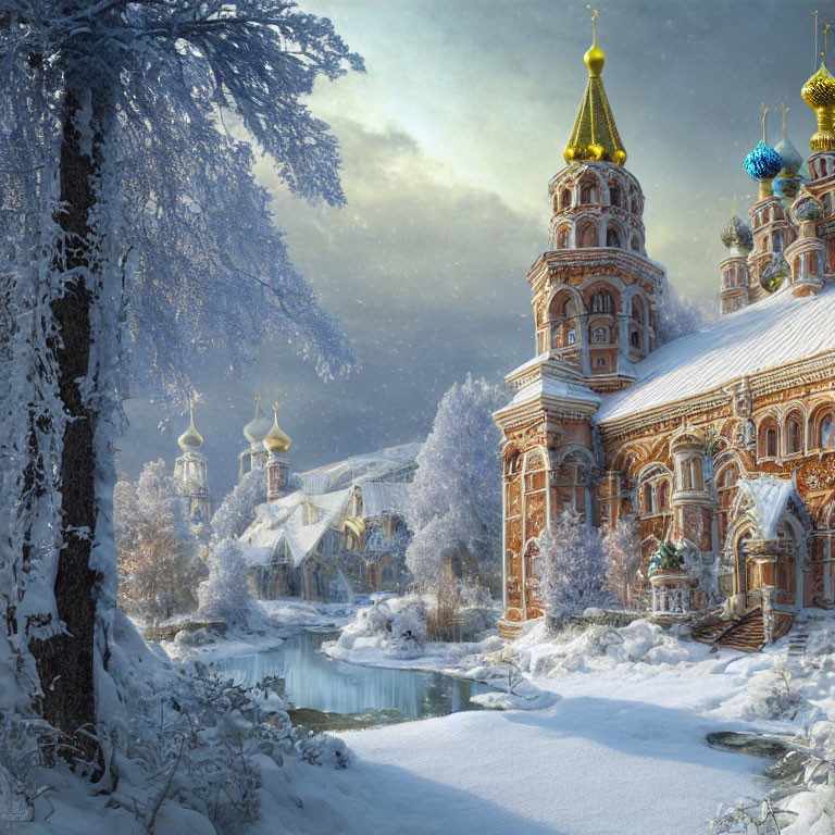 Snow-covered church with onion domes in wintry scene by frozen river