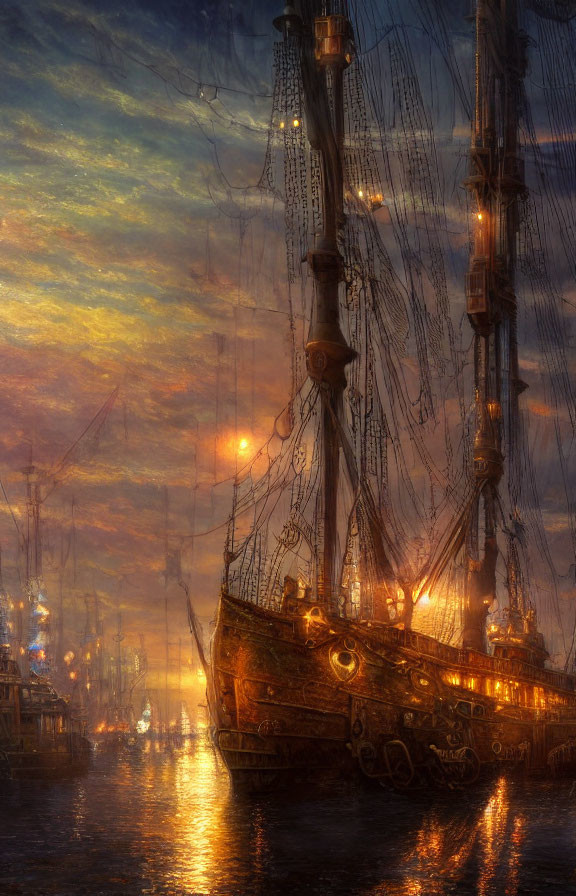 Ancient ship with lanterns in harbor at sunset