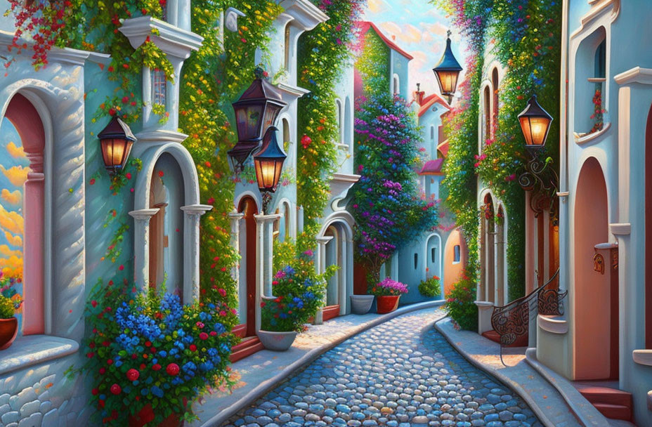 Colorful cobblestone street with quaint houses and flowers under clear sky