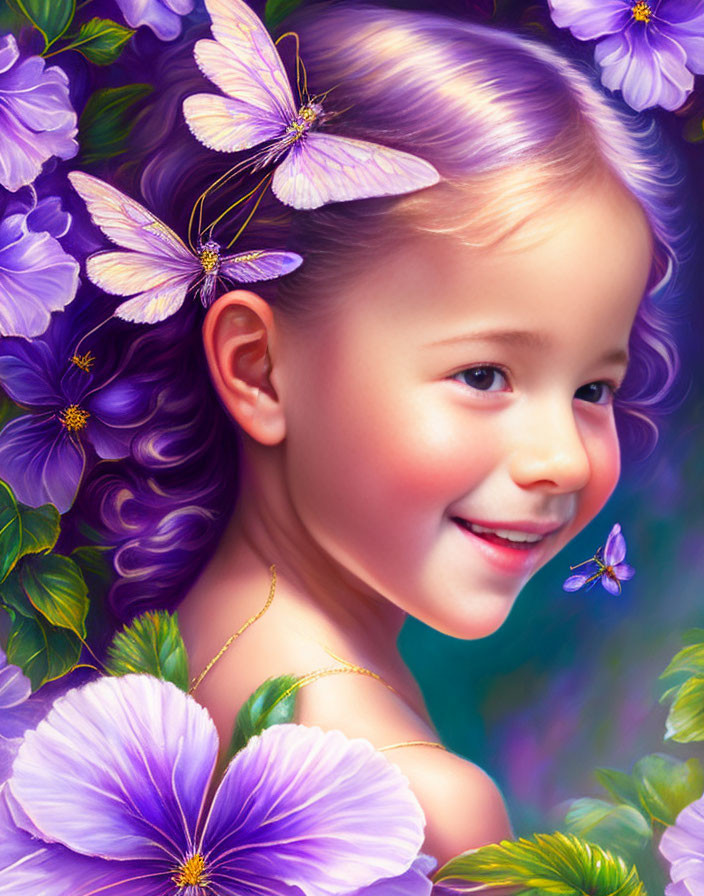 Smiling girl with purple flowers and butterflies