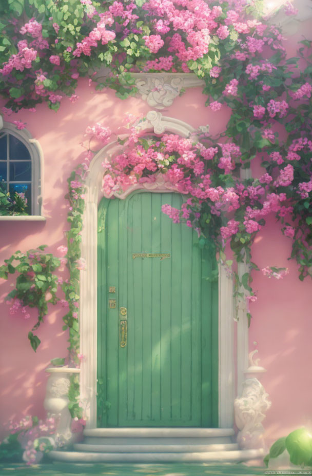 Green door in pink wall with lush flowers and greenery
