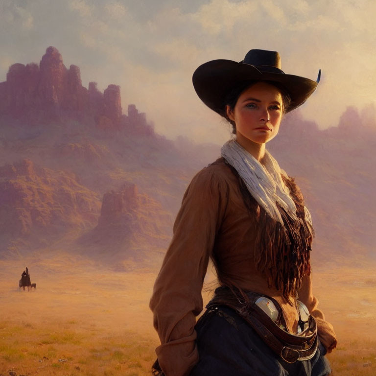 Woman in Western Attire in Desert Landscape at Sunset