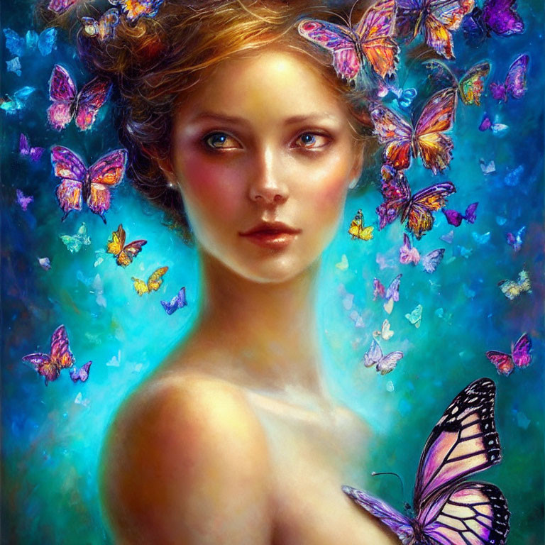 Colorful Painting of Young Woman with Butterflies in Hair