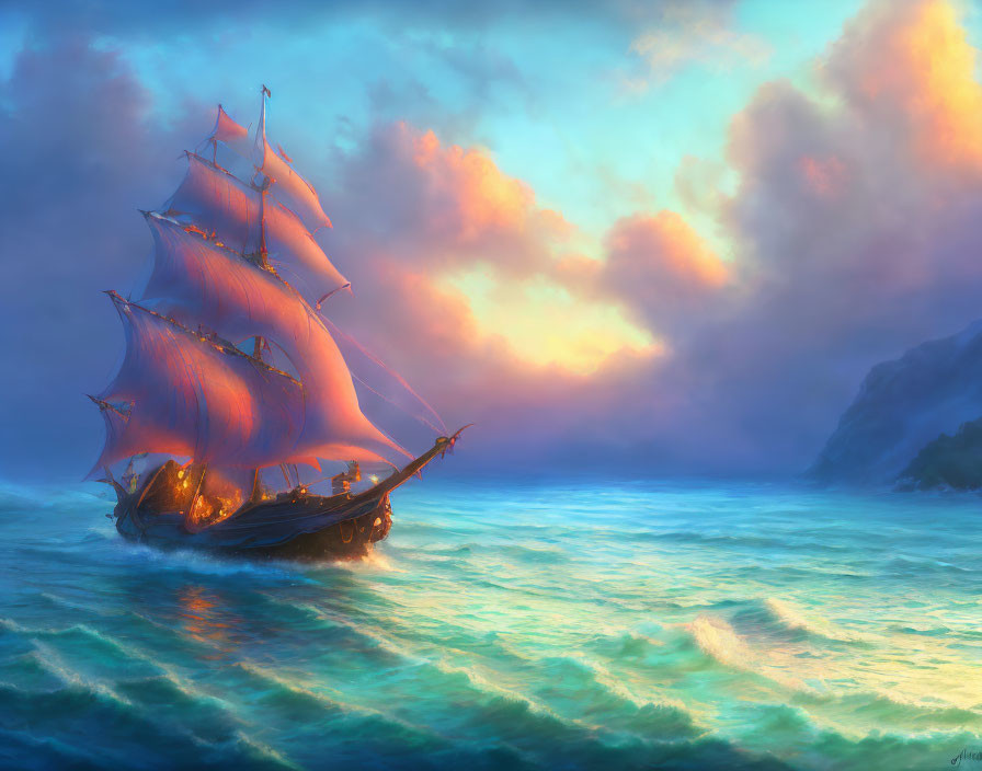 Majestic sailing ship on shimmering blue waters at sunset