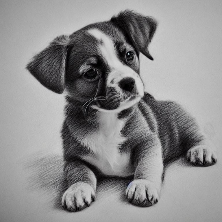 Detailed pencil sketch of cute puppy with floppy ears and big eyes lying down.