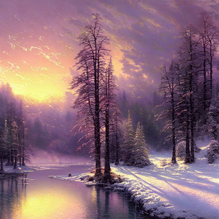 Snow-covered trees and tranquil river at sunset in winter landscape