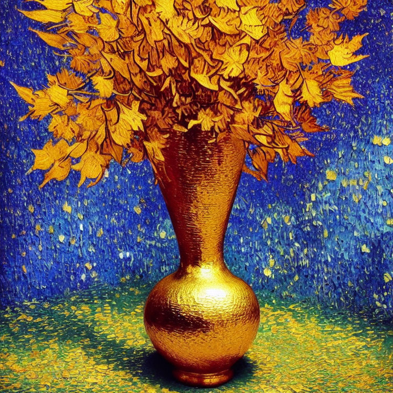 Golden Vase with Autumn Leaves on Textured Blue and Yellow Background
