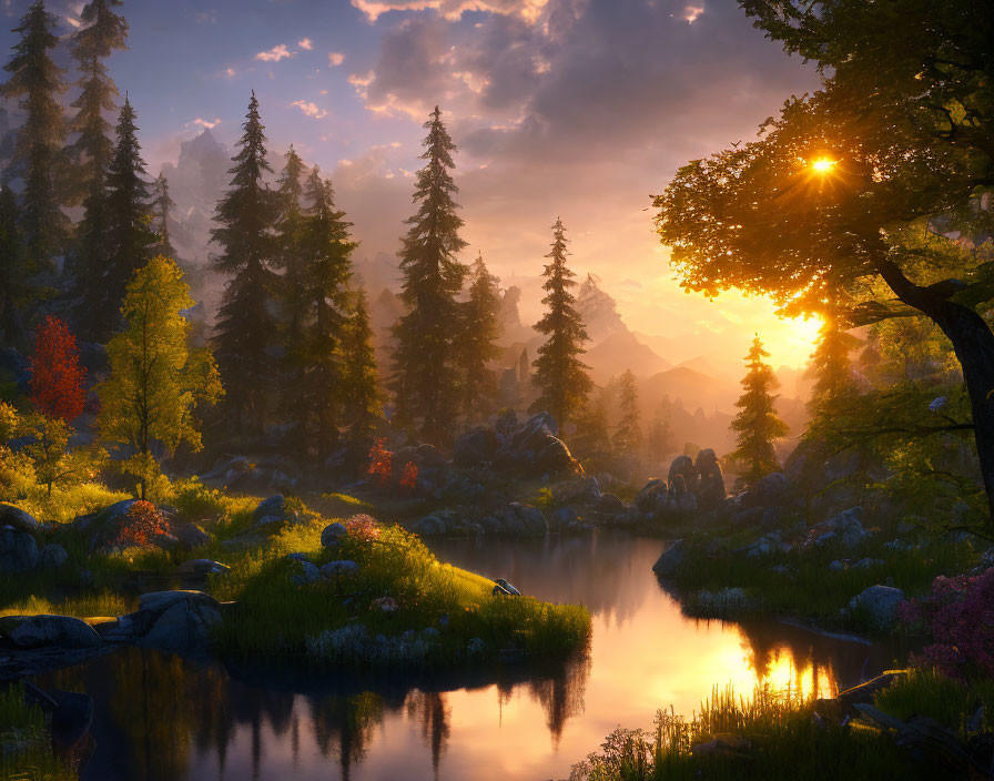 Tranquil Sunrise Forest Landscape with Trees, Water, Rocks, and Flowers