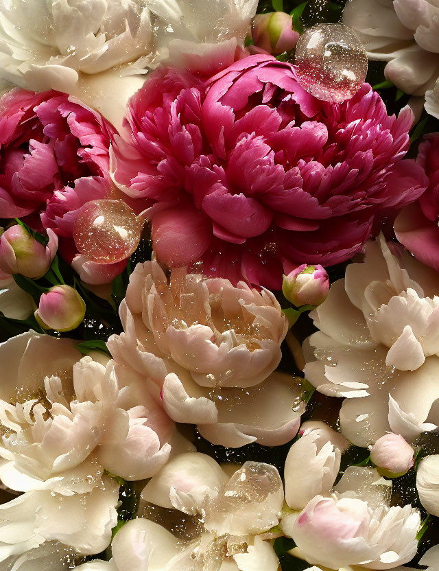 Close-Up of Pink and White Peonies with Water Droplets