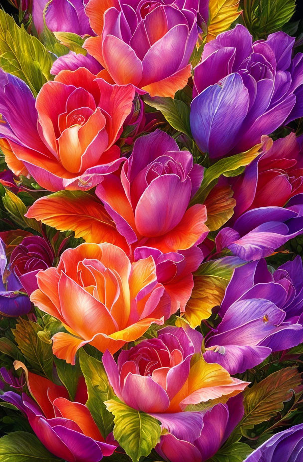 Colorful Floral Arrangement with Roses, Petals in Pink, Orange, Purple, Yellow