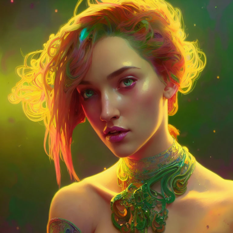Vibrant digital portrait of a woman with colorful lighting and intricate neck jewelry
