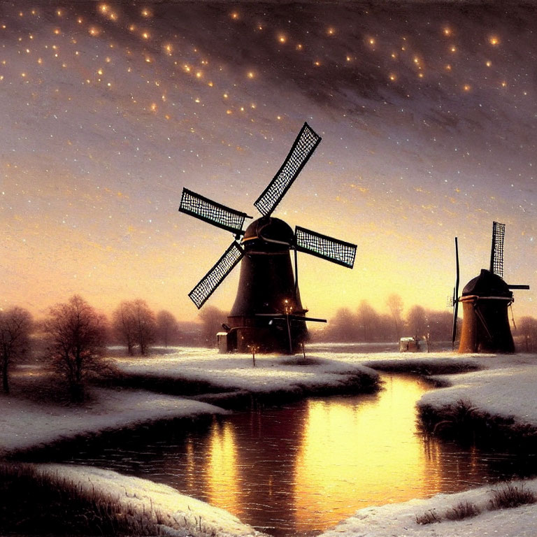 Traditional windmills by frozen canal under starry twilight sky in snowy landscape