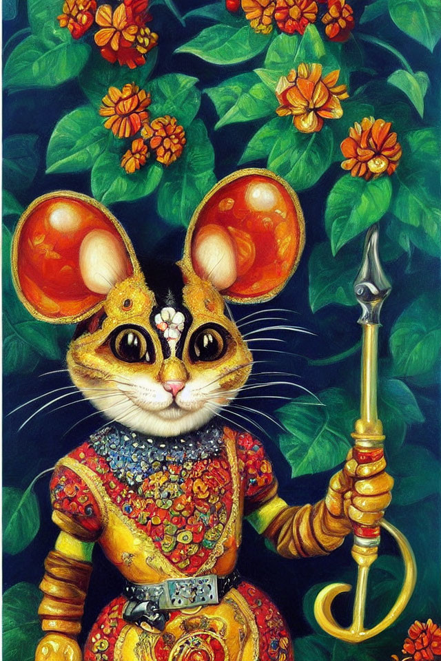 Anthropomorphic Mouse in Ornate Clothing with Golden Staff Among Green Leaves and Orange Flowers