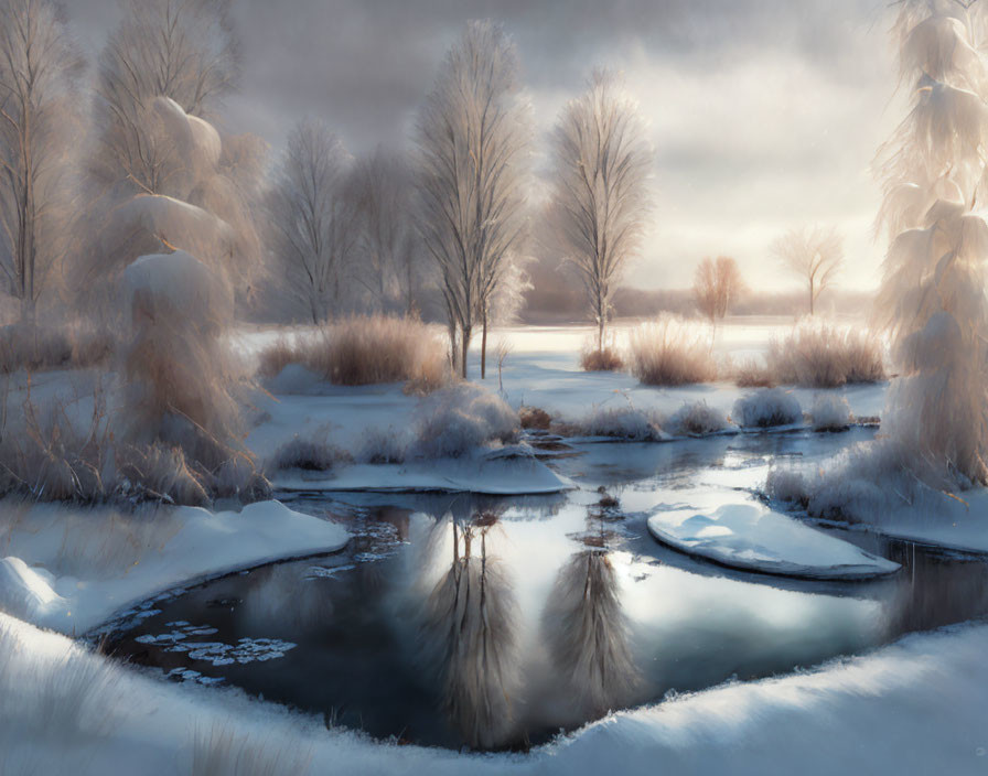 Snow-covered winter landscape with trees and stream in soft morning light