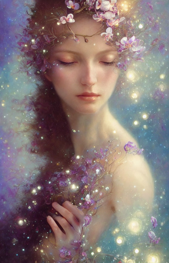 Serene woman with closed eyes and floral crown in celestial setting