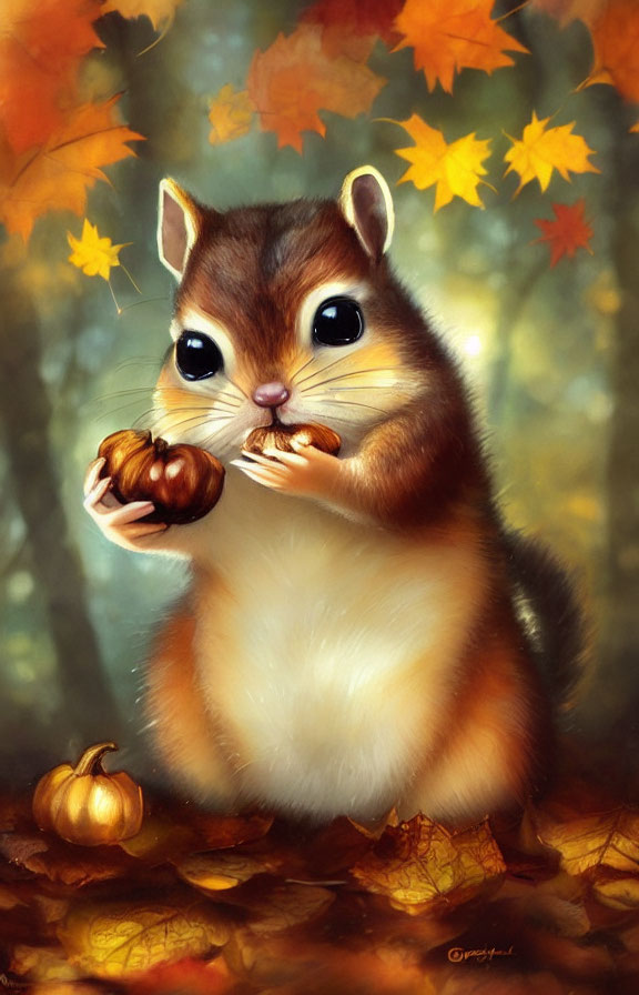 Chubby chipmunk with pumpkin in autumn setting