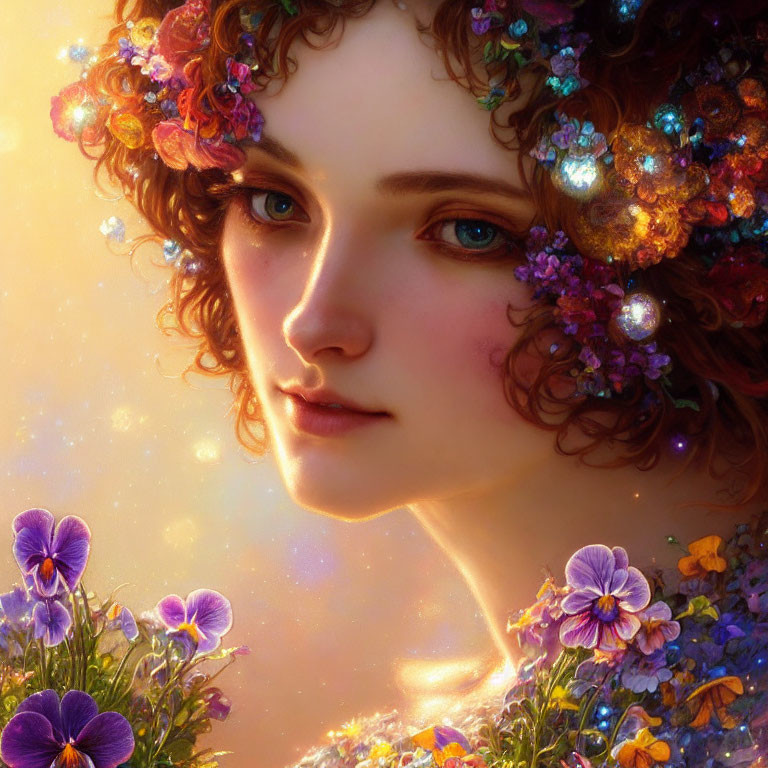 Woman with Curly Hair and Vibrant Flower Adornments in Ethereal Light