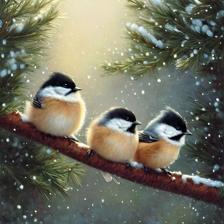 Three fluffy birds on snow-frosted branch with gentle snowfall
