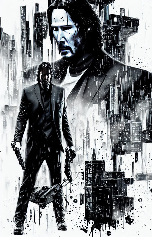 Stylized image of man in black suit with gun in city backdrop.