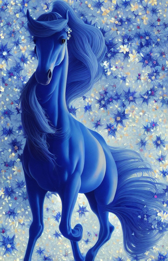 Blue horse with flowing mane among blue flowers: mystical and elegant aura
