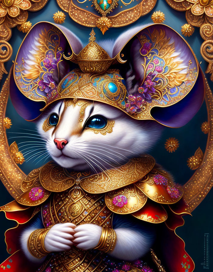 Ornate Cat in Golden Armor with Jewel Embellishments