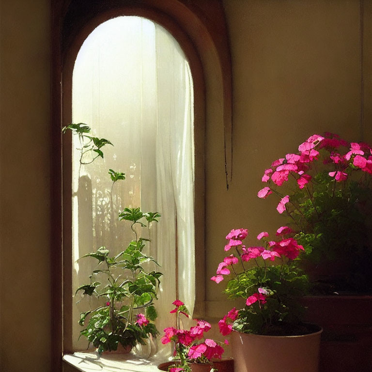 Sunlit Room with Arched Window and Blooming Pink Flowers