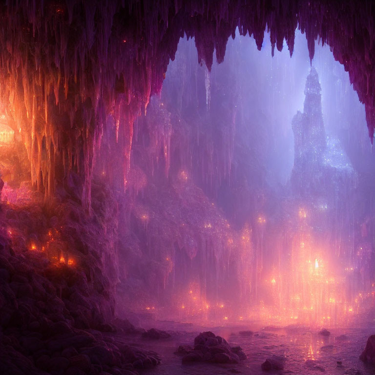 Mystical cave with purple and pink lighting and glowing castle-like structure