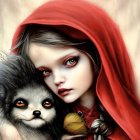 Girl in red hood embraces fluffy dog against fairytale backdrop