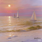 Sailboats on serene sea at sunset with pink and orange sky