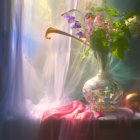 Colorful painting of glass vase, pink flowers, and greenery on red table near sunny window.