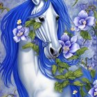Majestic unicorn with shimmering blue mane in vibrant floral scene