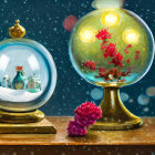 Ornate globes on wooden surface: snow-covered tree and blooming tree with pink flower.