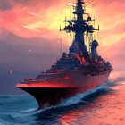 Battleship sailing at sunset with fiery skies and crimson waters