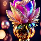 Colorful digital artwork: Lotus flower with jeweled petals in pink and purple surrounded by spheres and lights