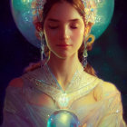 Serene woman with floral crown holding glowing orb and adorned with elegant jewelry