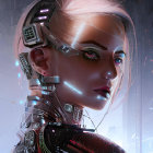 Female cyborg with glowing blue eyes and cybernetic implants in futuristic cityscape