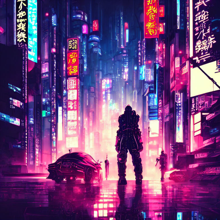 Futuristic neon-lit cityscape at dusk with skyscrapers, foreign signs, figure in