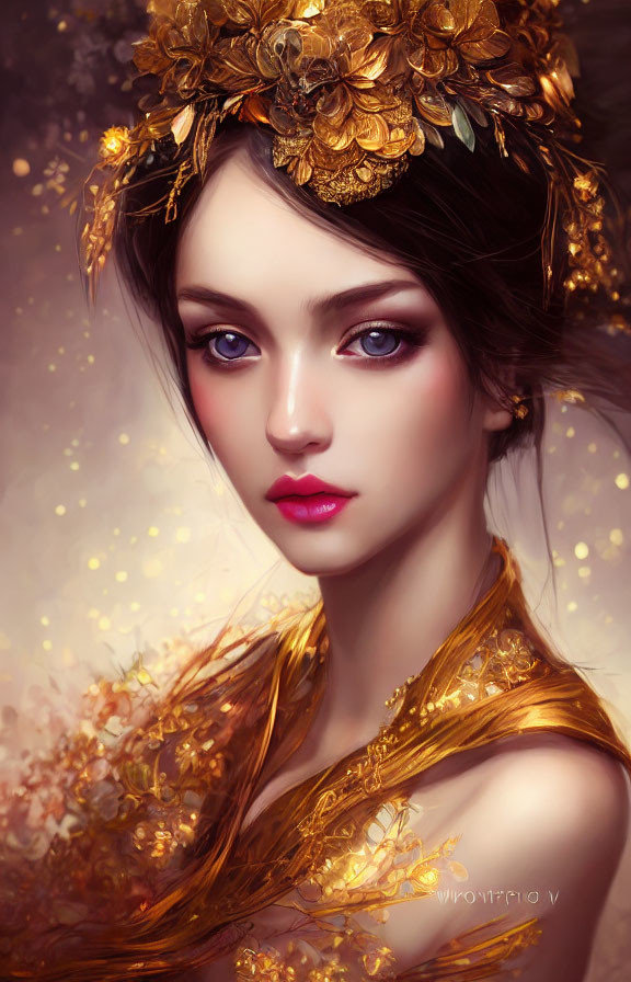 Digital artwork of woman with blue eyes and golden floral accessories on soft bokeh background