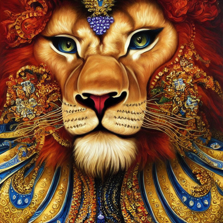 Colorful lion painting with ornate royal attire blending animal and human elements
