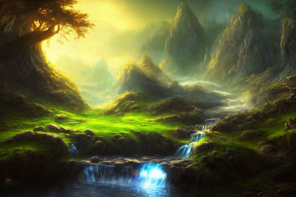 Mystical landscape with greenery, waterfalls, and misty mountains