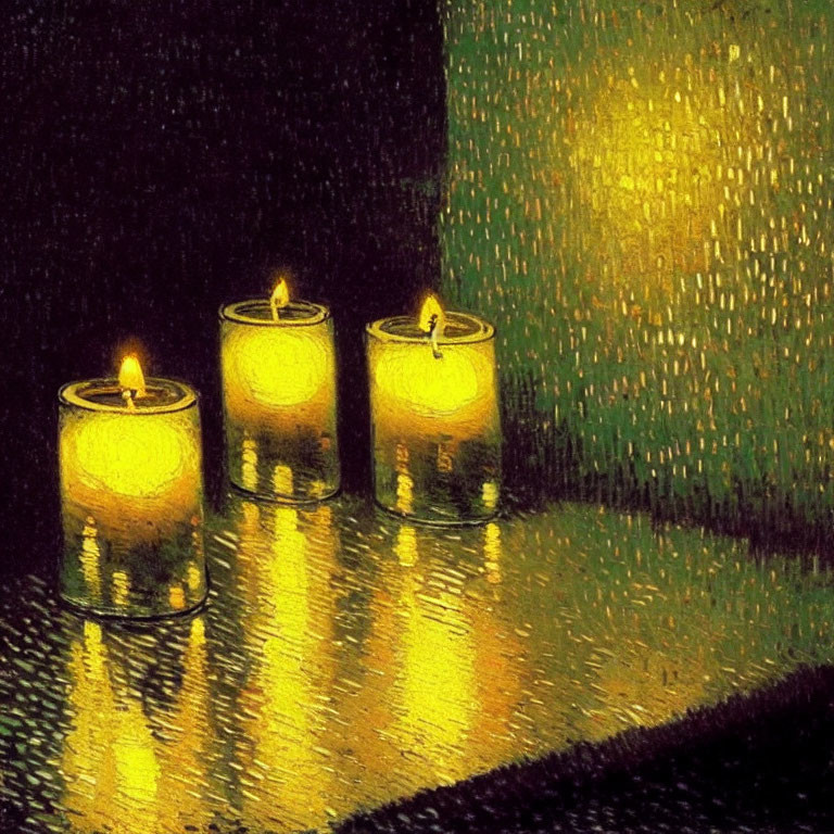 Three lit candles in glass holders casting warm glow on dark textured surface