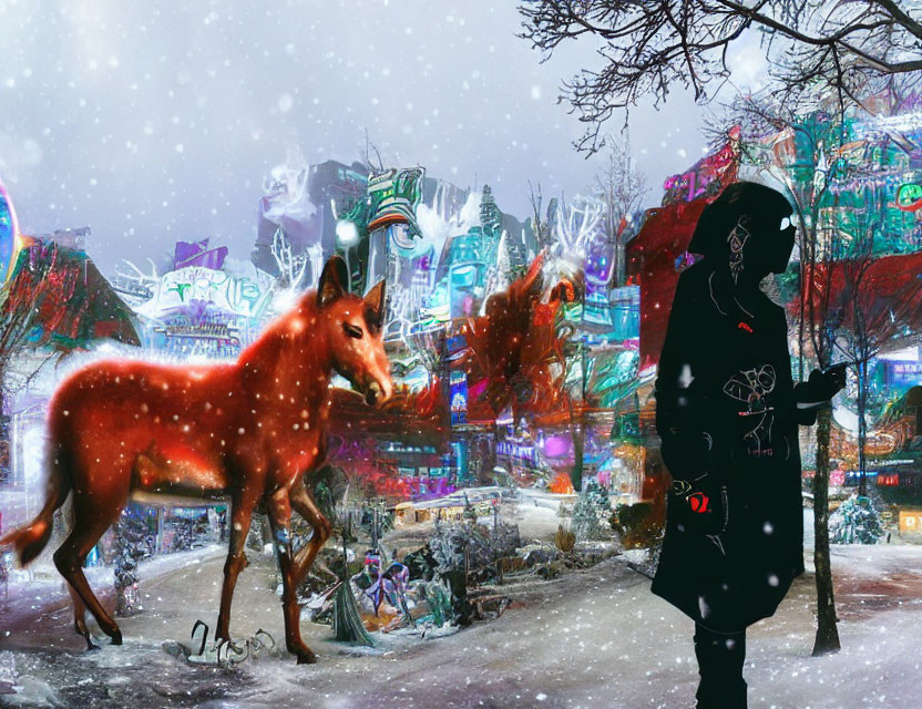 Translucent red fox in snowy scene with illuminated buildings