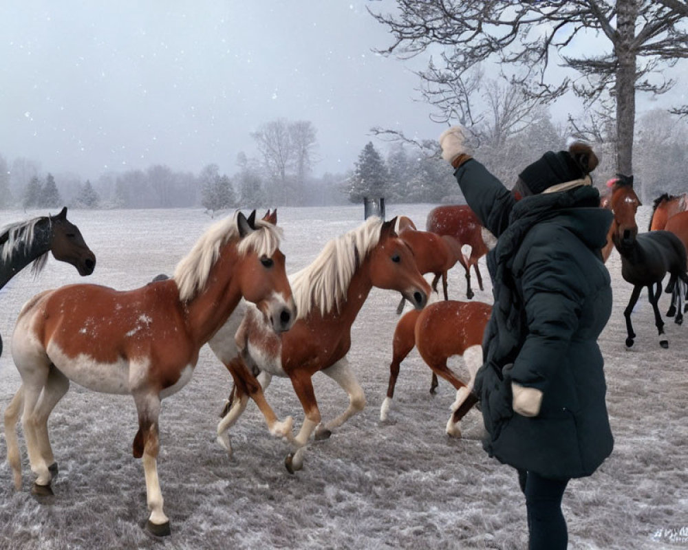 Person in warm clothing with herd of horses in snowy field