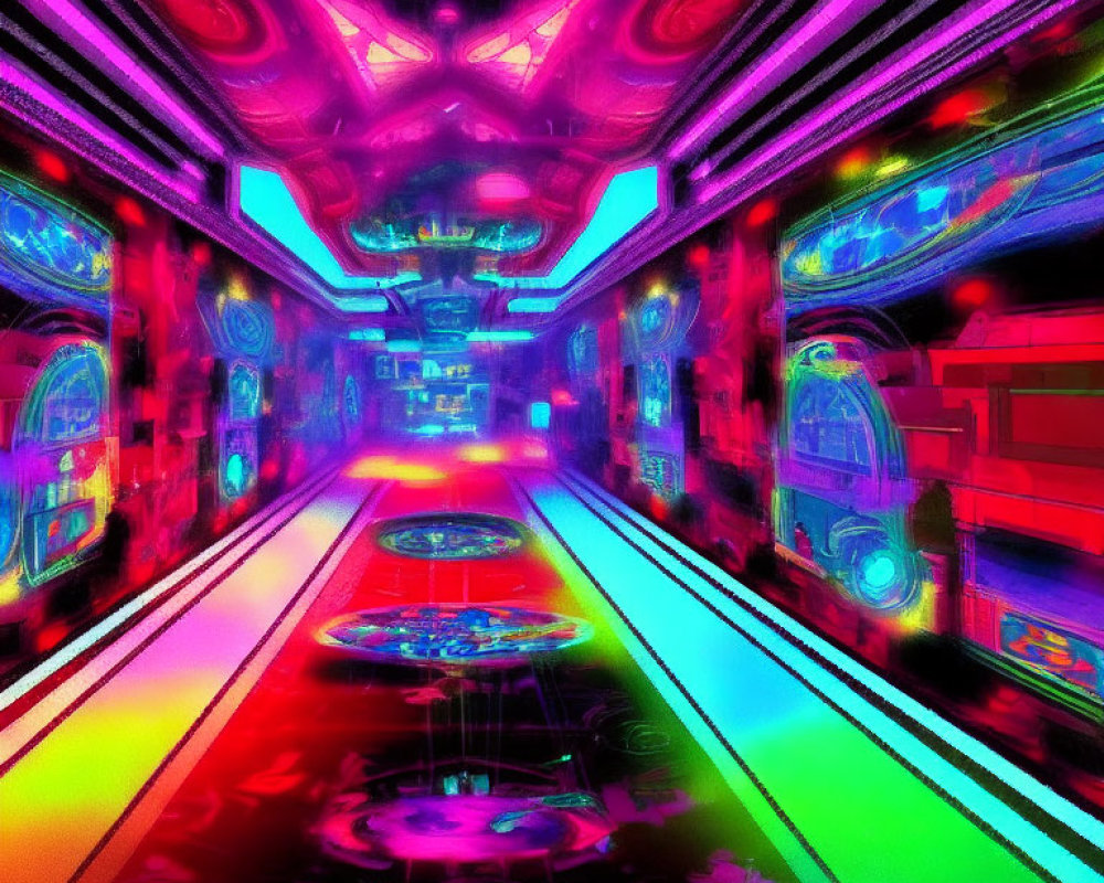 Futuristic neon-lit corridor with arcade machines & intricate ceiling designs
