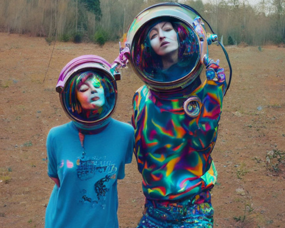 Colorful Space-Themed Face Paint Individuals in Forest Setting