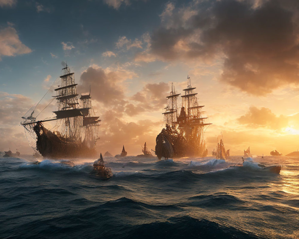 Sailing ships in stormy seas at sunrise with rocky formations