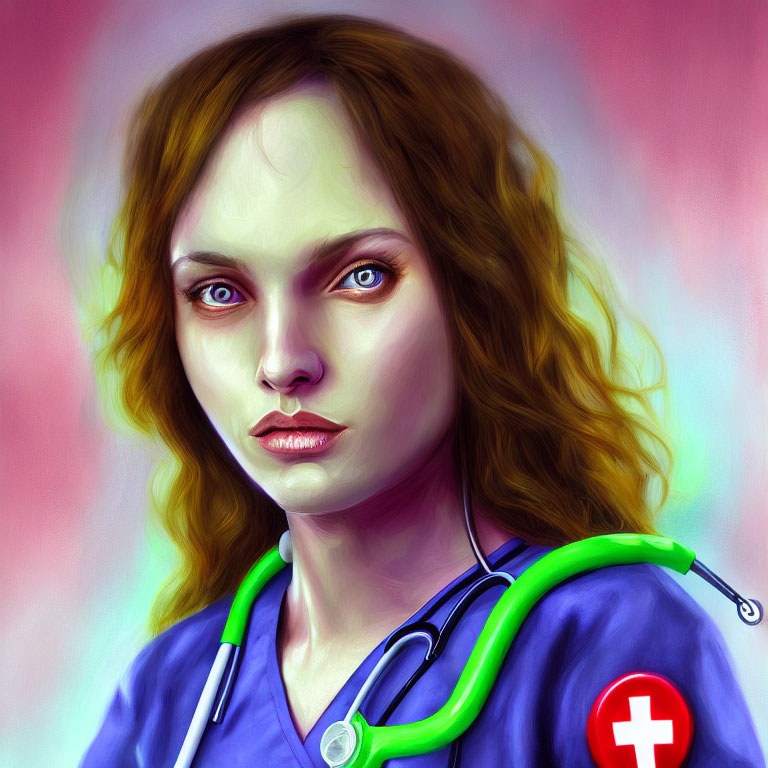 Intense-eyed woman in blue scrubs and stethoscope with red cross badge on pink background