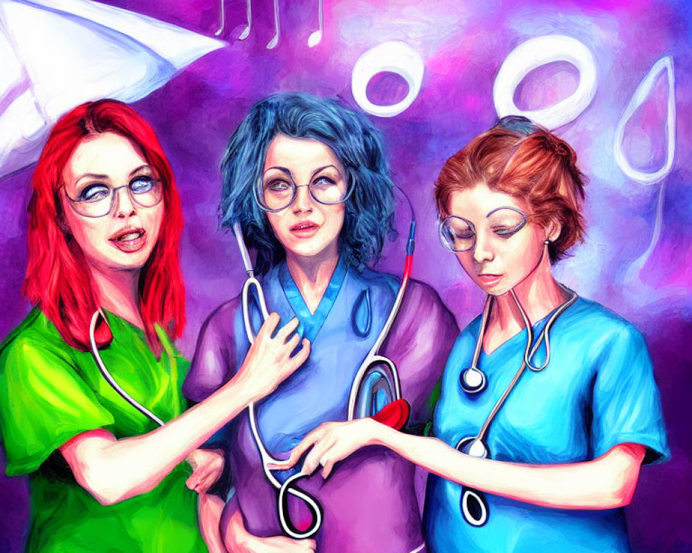 Animated healthcare professionals in vibrant scrubs with medical accessories and symbolic icons.